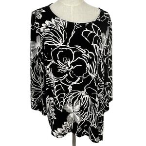 EASYWEAR BY CHICOS Black White Floral Print Long Sleeve Top‎ Women's Sz 2 US 12
